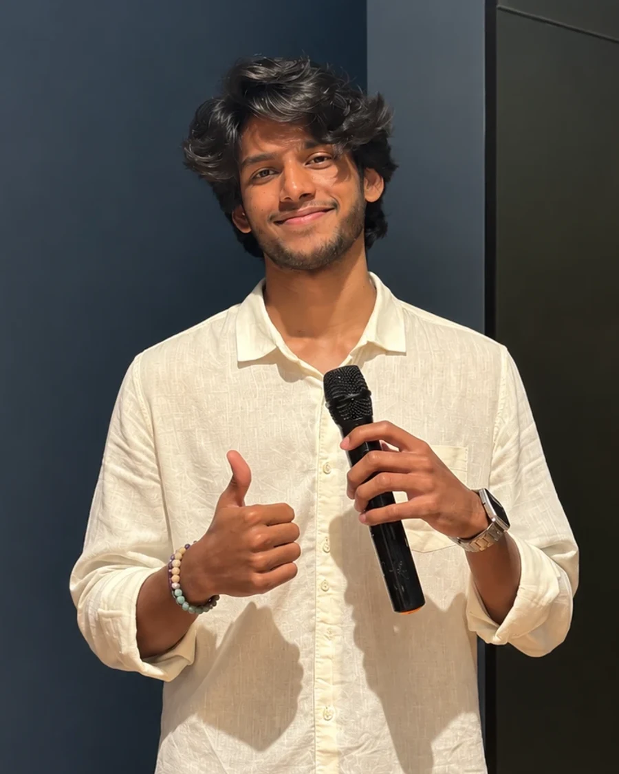 Kaavya Gupta, smiling and giving a thumbs up while holding a microphone