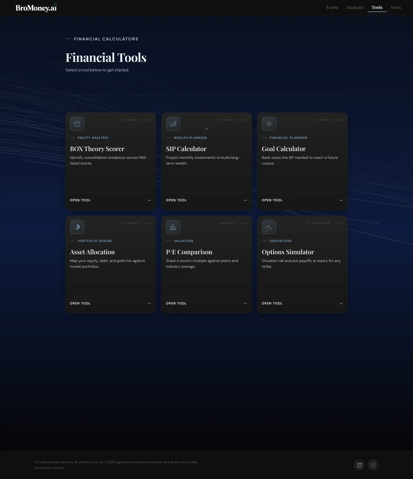 BroMoney.ai tools page, scrolling